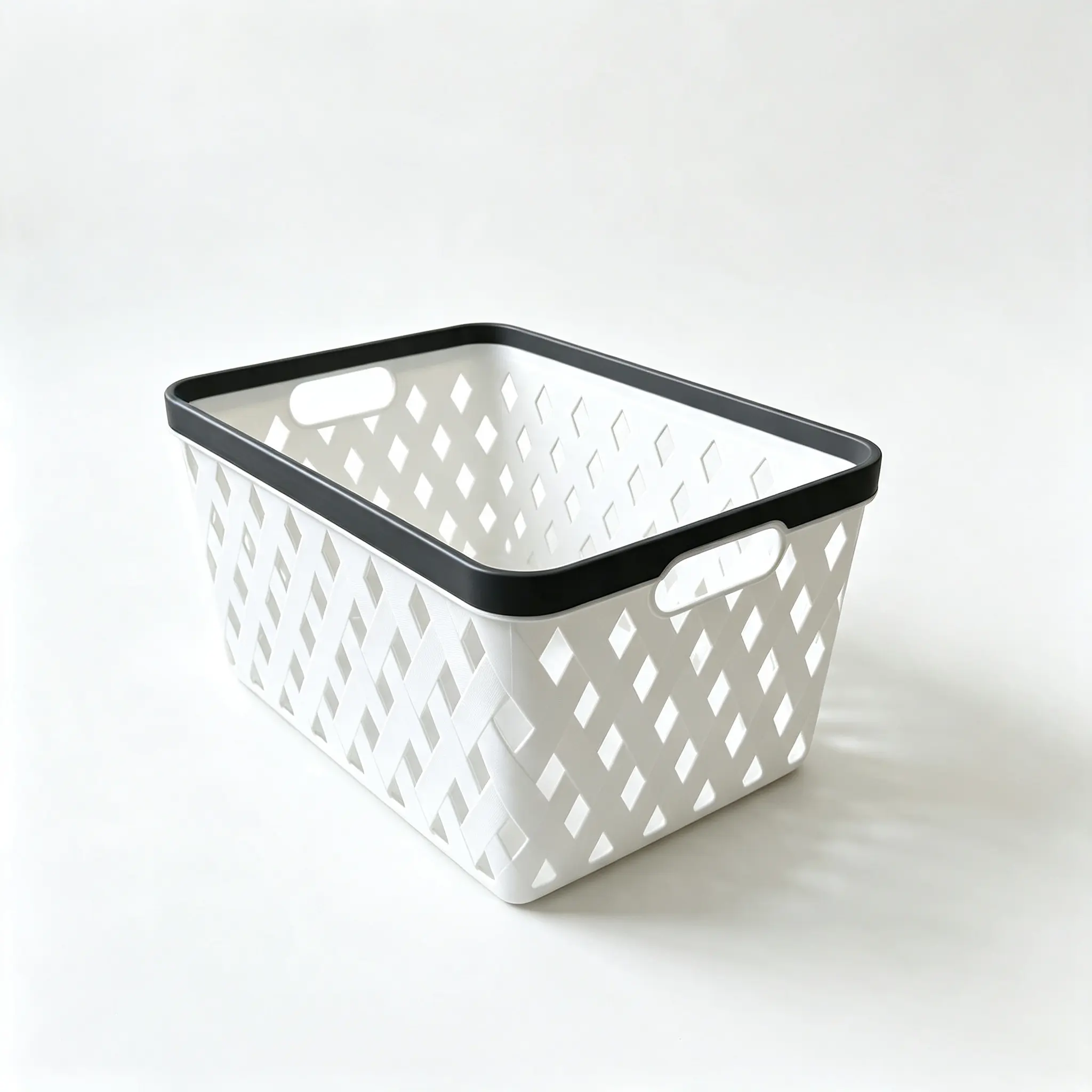 Plastic Storage Baskets with Dual Side Handles, White Hollow Diamond Organizer Bin with Black Rim, Stackable Ventilated Storage Caddy for Bathroom Vanity Kitchen Counter Living Room Cabinet Small Space