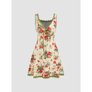 Cider [size 0-26] V-neck Strawberry Graphic Contrasting Binding Knotted Mini Dress