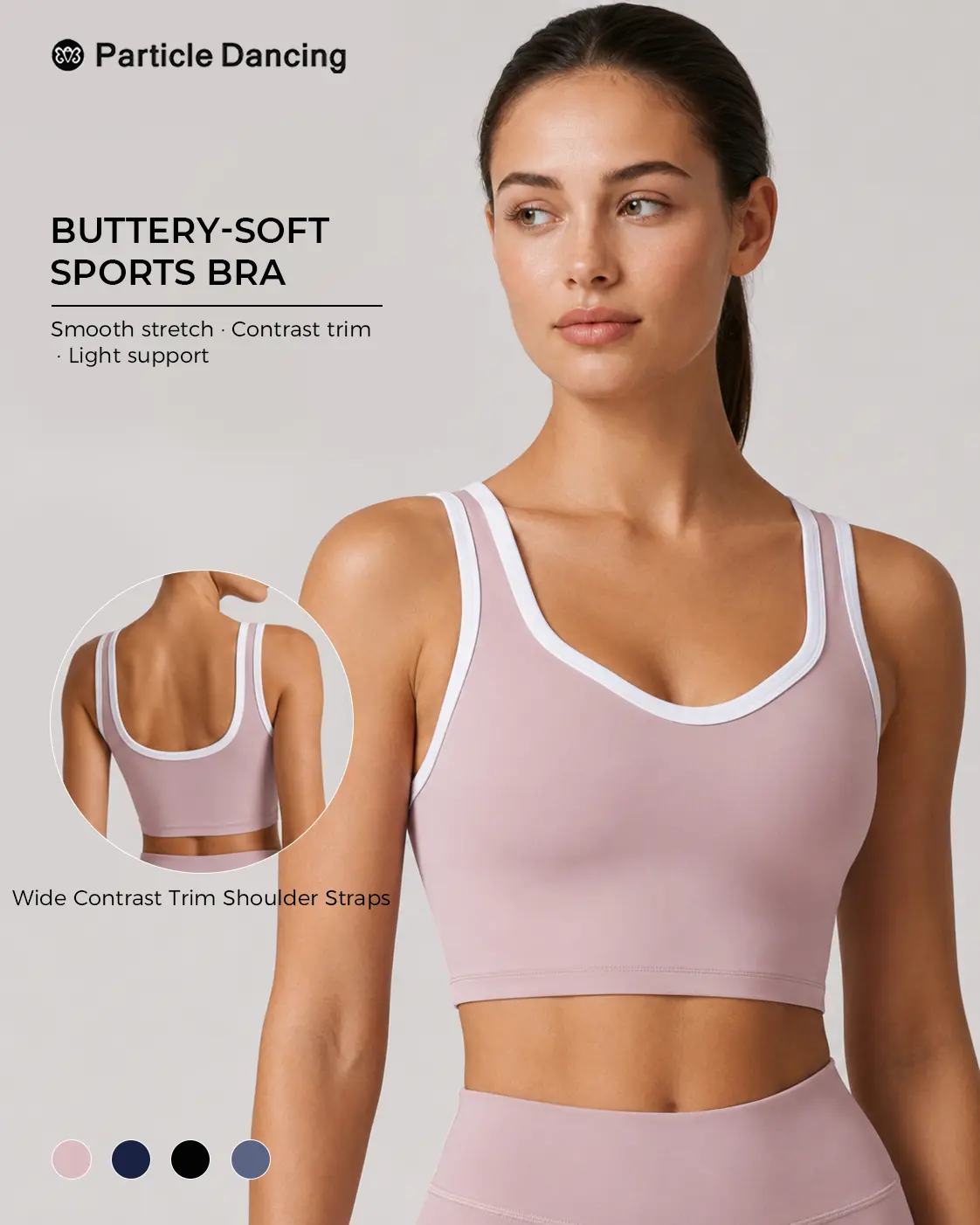 Women's Longline Sports Bra, Buttery Soft Polyamide Mix with Contrast Trim & Open Scoop Back, Light Support for Pilates & Gym
