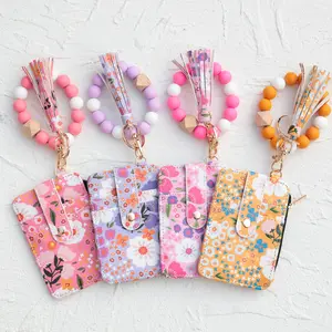 Boho Chic Silicone Beaded Keychain with Floral Tassel & ID Card Holder, Perfect for Gift