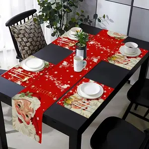 2D flat printing, 1 piece/4 pieces/6 pieces/5 pieces/7 pieces set, Santa Claus and holly berry border, suitable for holiday dining, Christmas parties, New Year's Eve tabletop decoration, kitchen and restaurant decoration