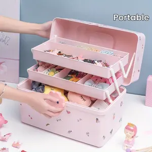 Multi-Layer Hair Accessory Organizer for Girls, Pink Plastic Sewing Storage Box with Compartments for Clips, Bands, Jewelry - Cute Portable Headband & Scrunchie Holder Case