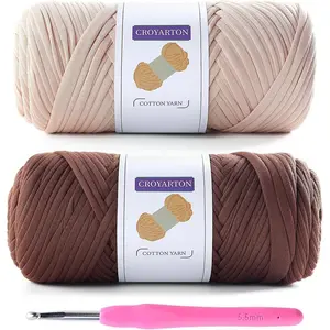 2 Pack T Shirt Yarn for Crocheting with 1 Crochet Hook, Elastic Tshirt Yarn for Crochet Bag/Baskets/Home Decor, Spaghetti Yarn Thick Knitting Yarn Total Length 130 Yds (Beige+Coffee Color)