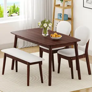 summervibes Solid Wood Dining Table Set for 4, Mid-Century Dining Room Table with 2 Padded Chairs & Bench, 47.3" Dining Room Set for 4 Family Use