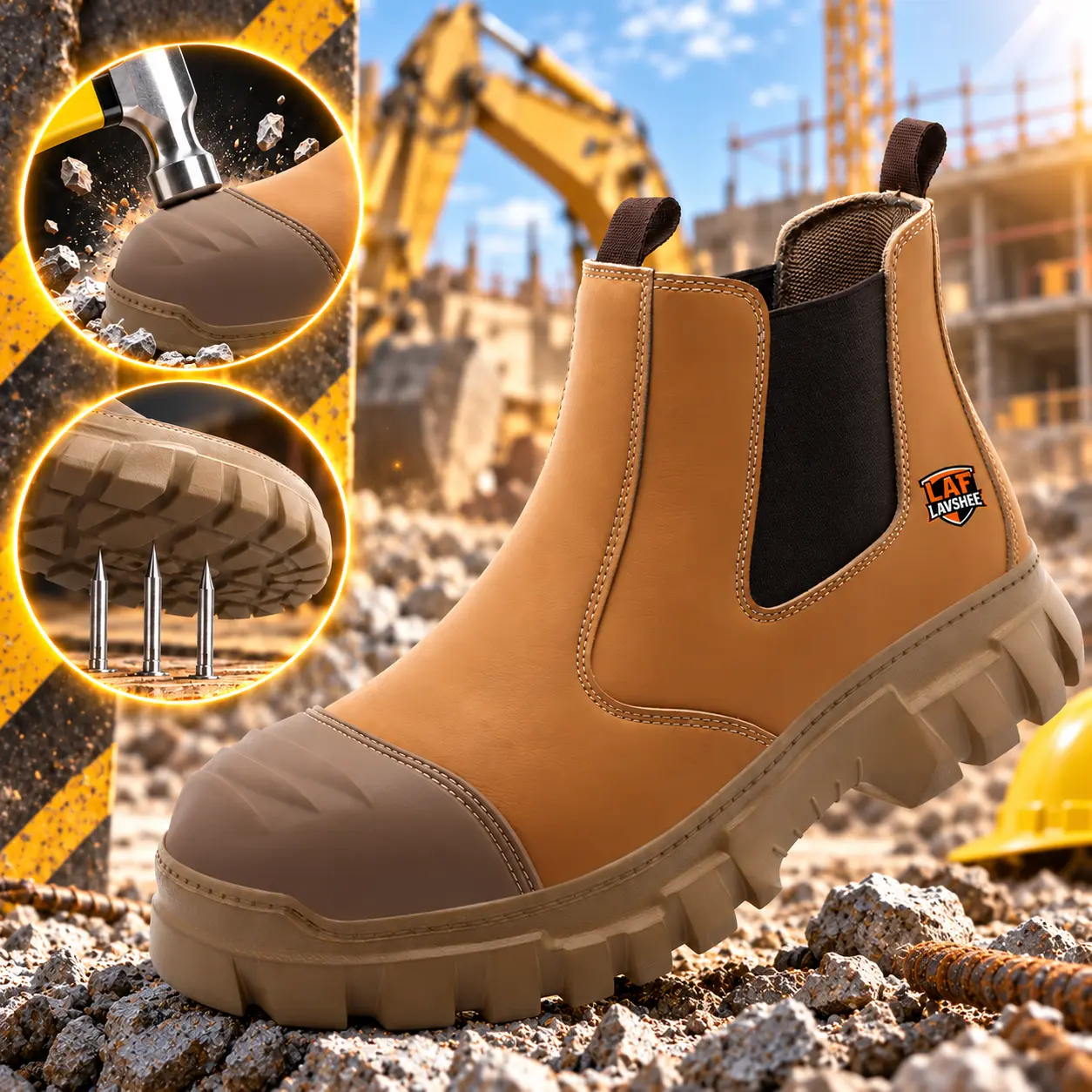 Men's Brown High-Top Steel-Toe Synthetic Round-Toe Work Boots - Anti-Slip, Breathable All-Season Kick-Resistant Metatarsal Guard Labor Safety Footwear for Construction Workers