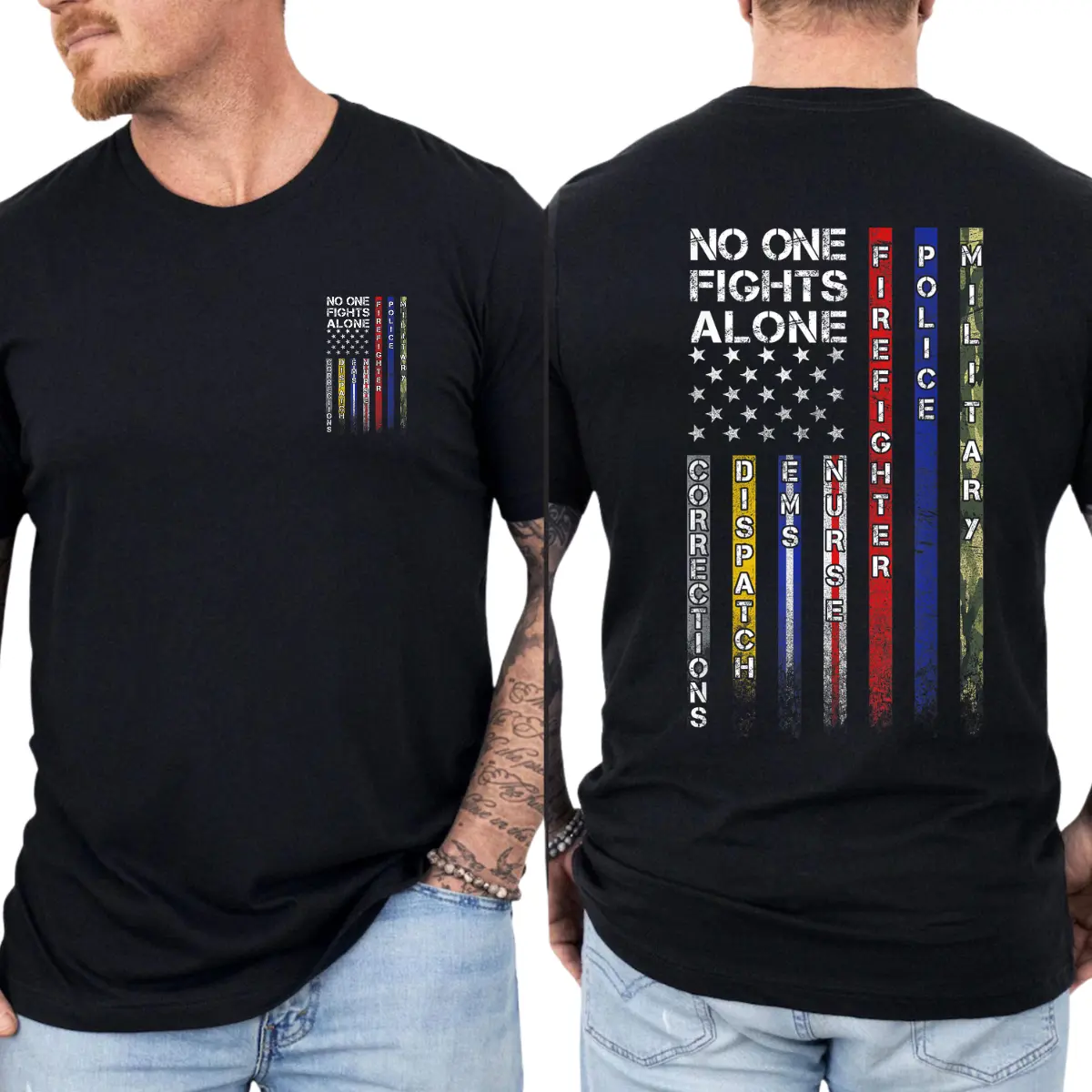 [100% Cotton] No One Fights Alone T-Shirt, American Flag First Responders Shirt, Firefighter Police EMS Nurse Military Support Tshirt, Vintage Hero Tribute Short Sleeve Shirt, Unity Graphic Tee, Gift For Men Women Veterans