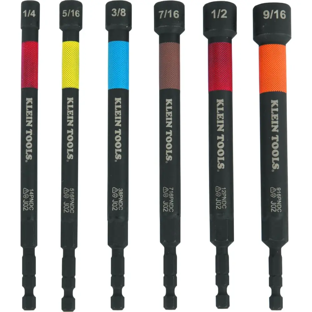 Klein Tools 32930 SAE Magnetic Impact Nut Setter Set, 6-Piece Color Coded Power Nut Setter, Extended Reach Nut Driver Bit Set with 6 SAE Sizes