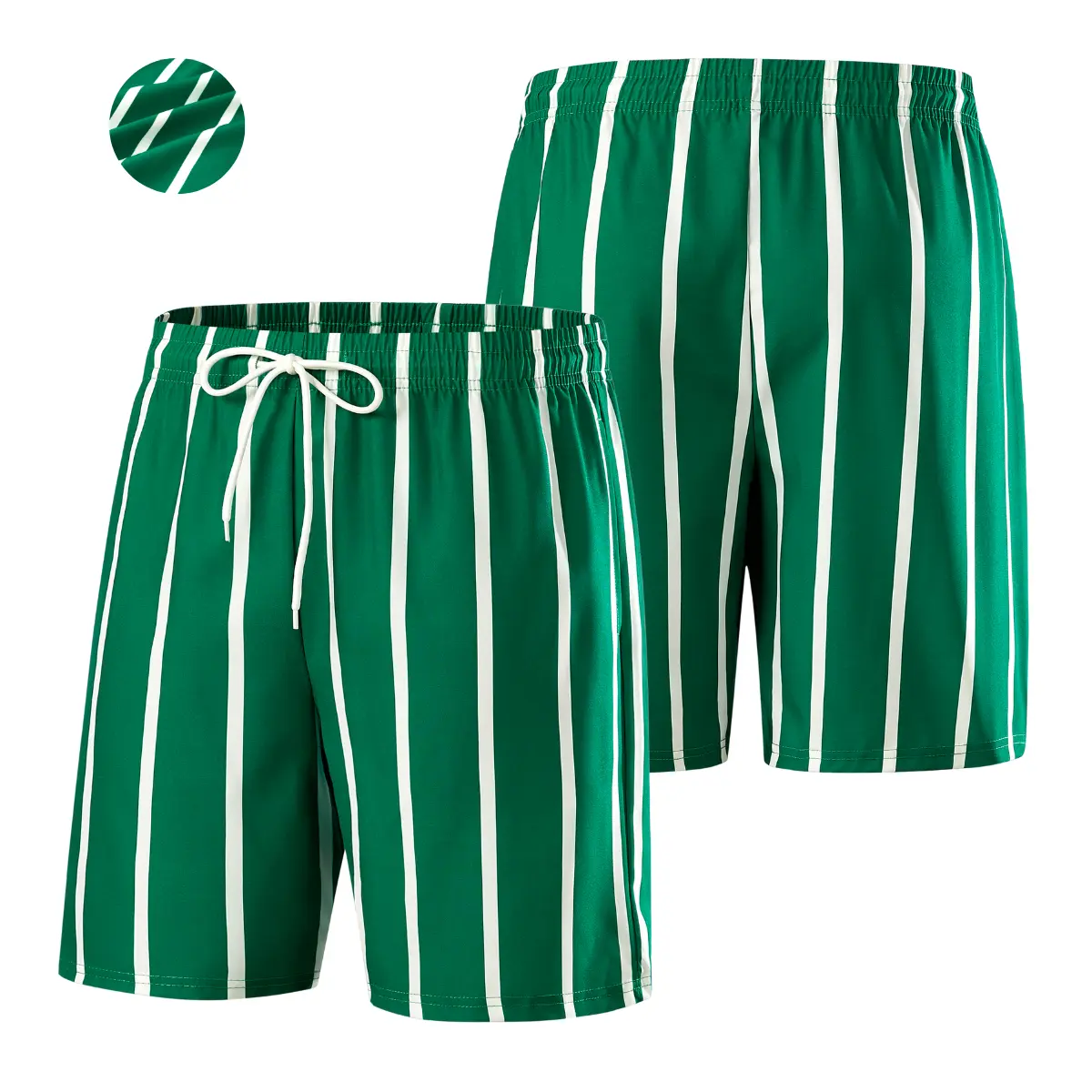 Men's Stylish Green Vertical Striped Elastic Waist Beach Shorts, Elastic Drawstring, Stretch Design for Summer Casual Wear, Beach Men's Shorts