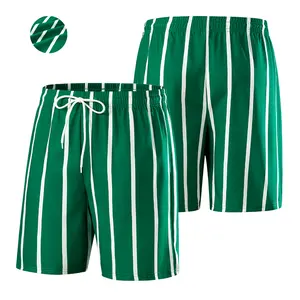 Stylish Elastic Men's Green Vertical Striped Casual Beach Shorts, Elastic Drawstring, Stretch Waistband for Summer Wear, Elastic Men's Shorts