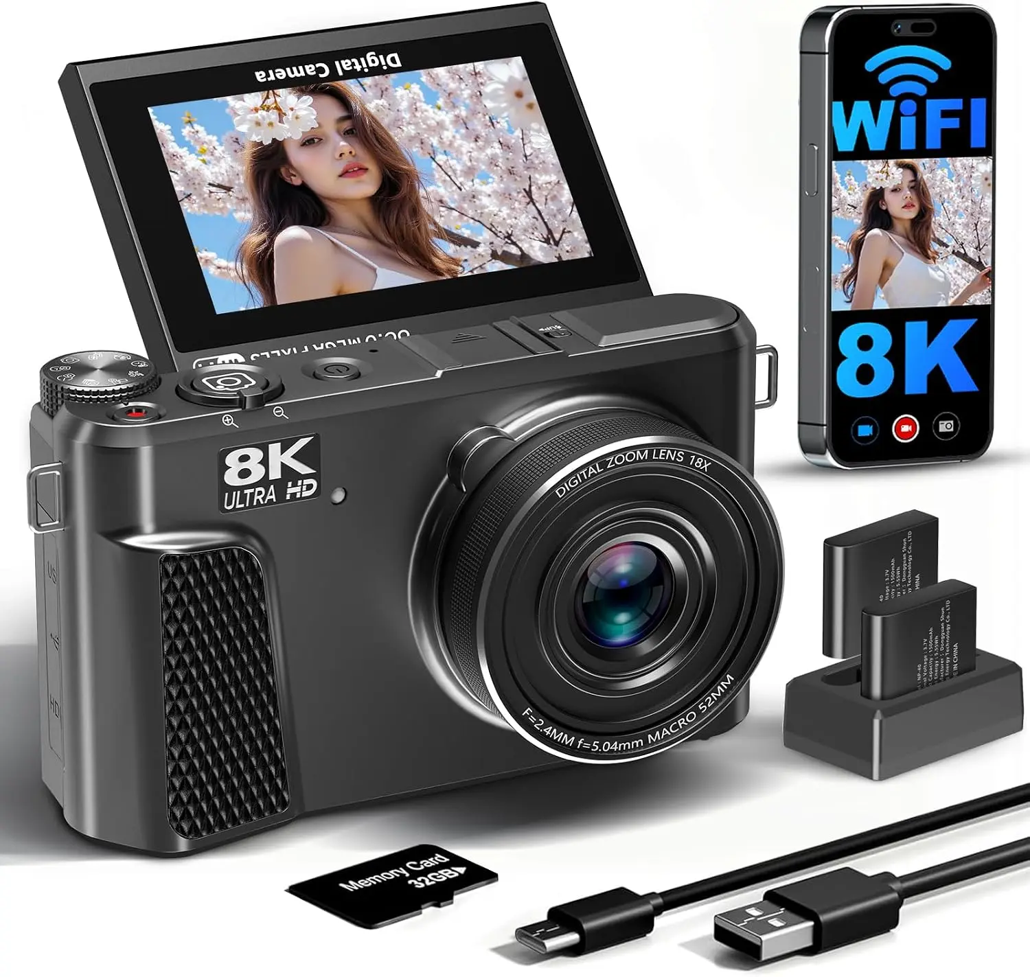 Digital Camera for Photography, 88MP HD WiFi Vlogging Camera for YouTube, Portable Digital Video Camera for Beginners, Content Creators, Travel, Photography, Video Recording, Social Media, TikTok, Selfies, Everyday Use,Stream,Button,Flash,Lens,charge