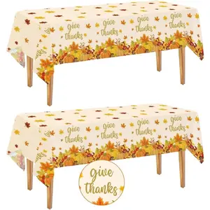 2 Pack Thanksgiving Tablecloth Disposable - Fall Plastic Table Cloth Rectangular, Give Thanks Pumpkin Maple Leaves  Table Cover for  Harvest Thanksgiving Tables Decor, 54 x 108 Inch