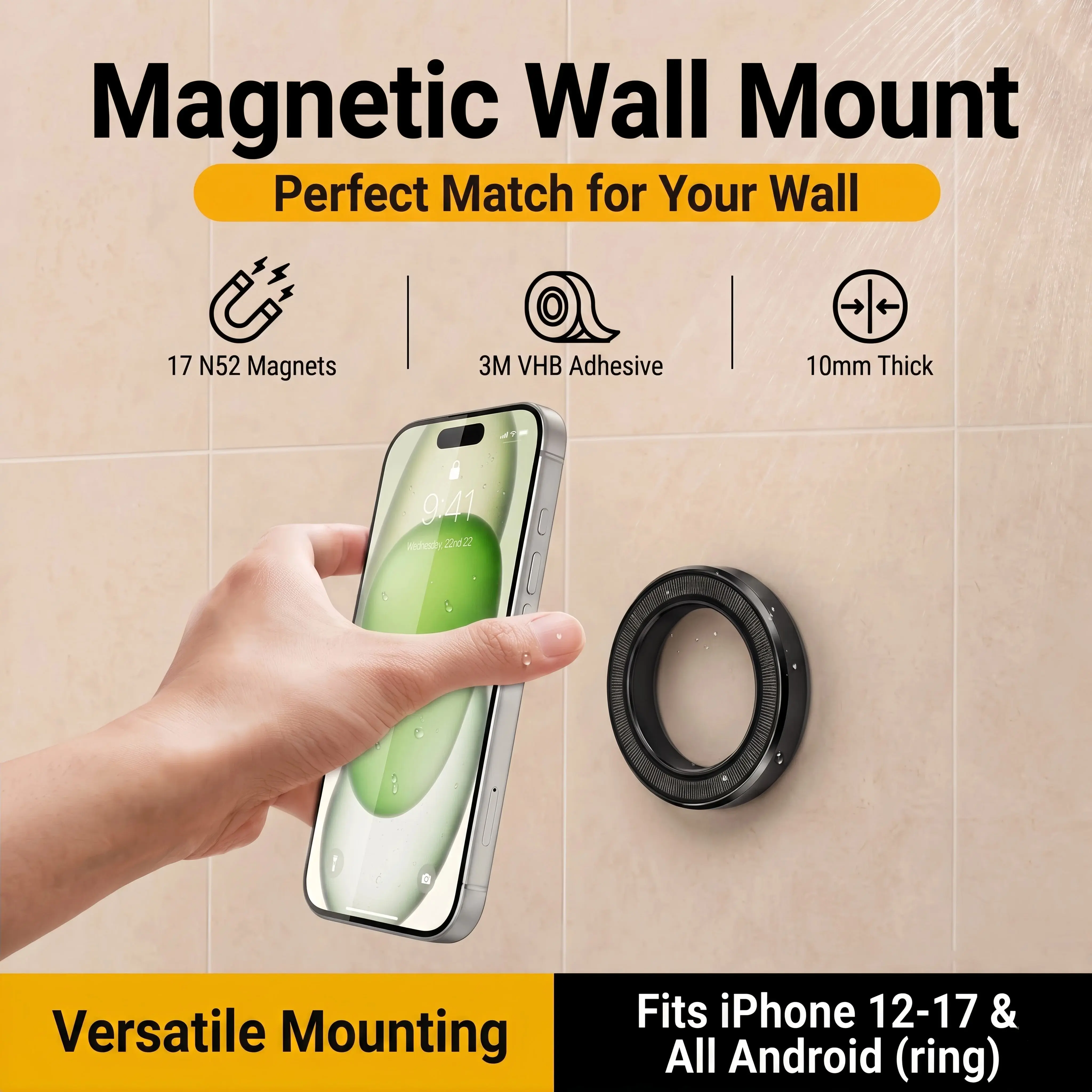 A2C Magnetic Metal Wall Mount with 3M VHB Adhesive, 10mm Thick, 17 N52 Magnets, Strong Hold, Waterproof, Low Profile Smartphone Accessory for Kitchen, Office | Fits iPhone 12-17, All Android Phones with Ring Grip