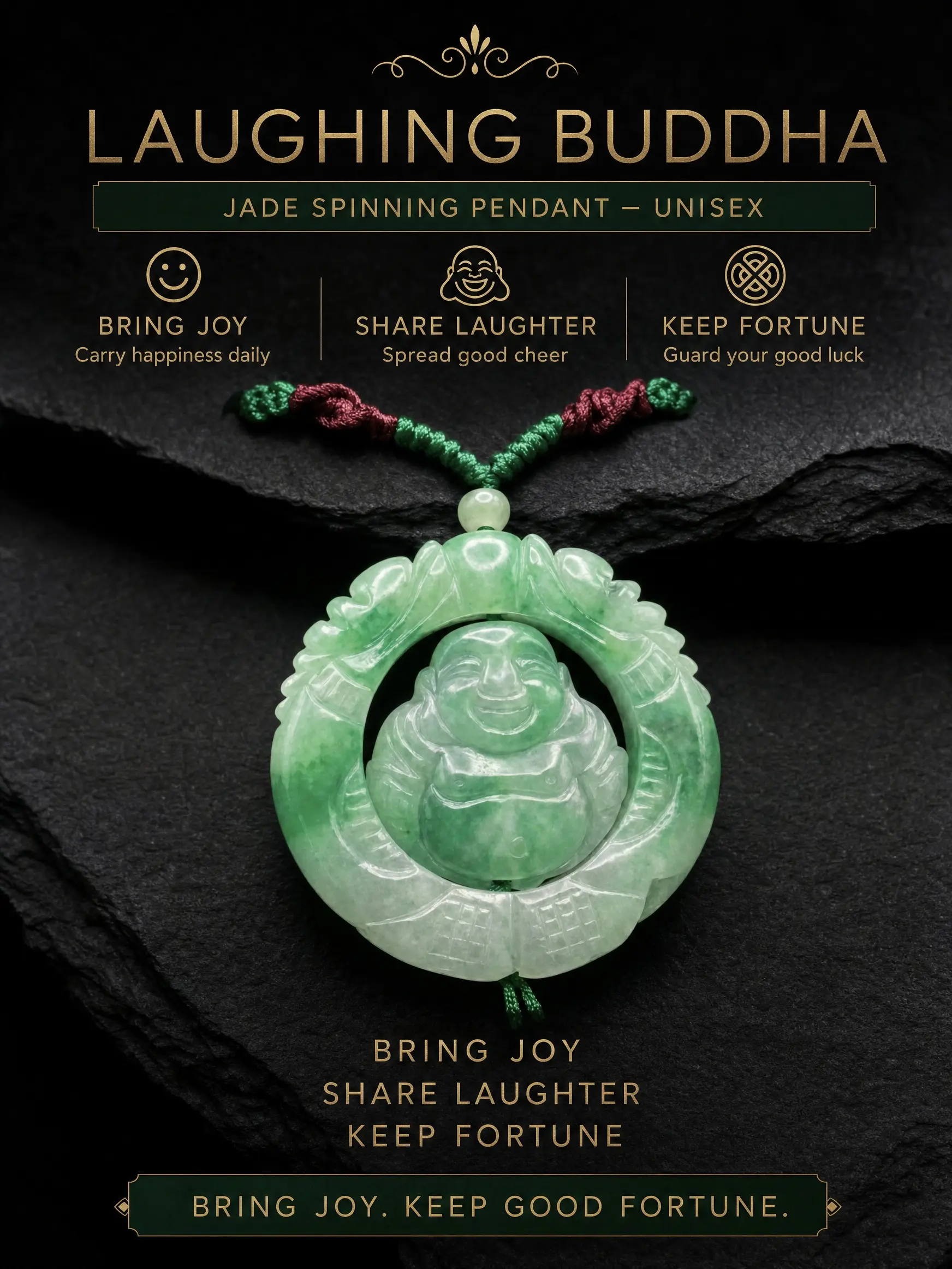 Natural Burmese Untreated Jade Rotating Laughing Buddha Gemstone Pendant - Adult's Fortune, Abundance, Balance Movement Talisman Statement Jewelry, Adults