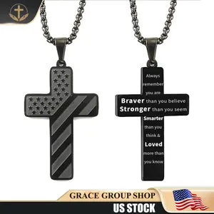 Black Stainless Steel Cross Necklace with Bible Verse & American Flag Inspirational Religious Pendant Chain for Men Boys Teens Christian Faith Jewelry Birthday Confirmation Holiday Gift Patriotic