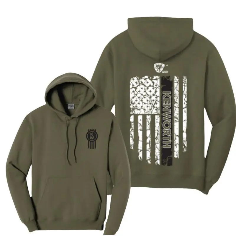 Kenworth American Flag Hoodie, Vintage Trucking Graphic Pullover, Double‑Sided Big Rig Apparel, Unisex Warm Hoodie for Men and Women