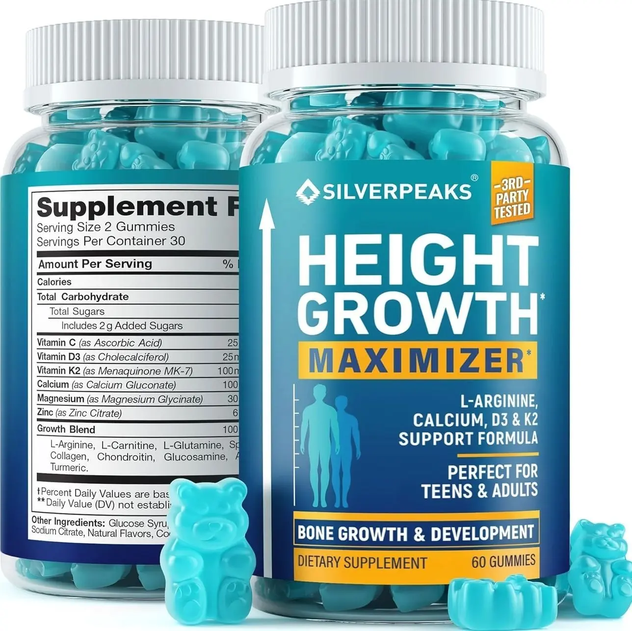 SILVERPEAKS Height Growth Gummies for Kids, Teens & Adults - Height Growth Maximizer Supplement with Calcium, Vitamins D3 & K2, Magnesium, Zinc for Bone Strength & Height Increase - 60 Gummy Chews