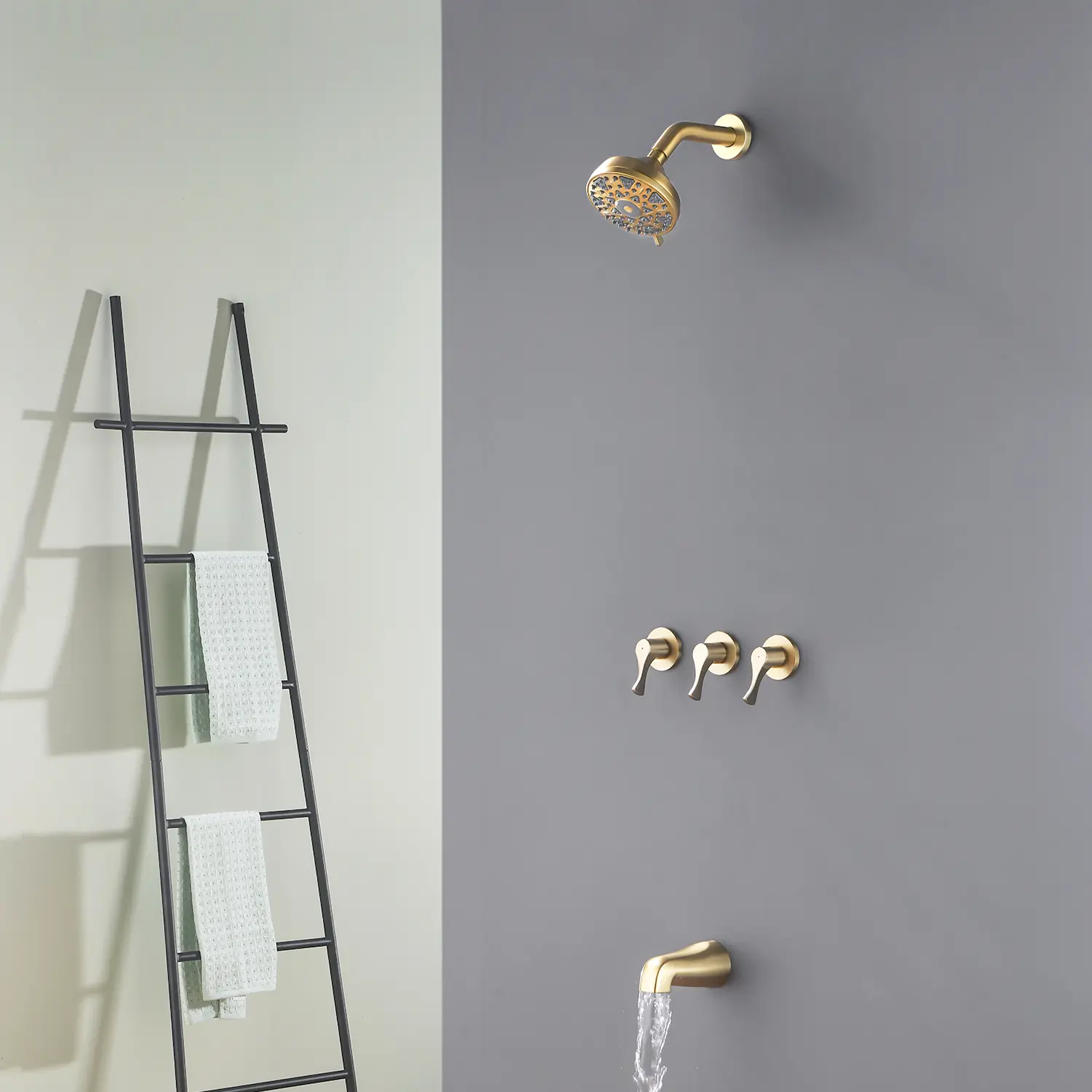 3-Handle Tub & Shower Trim Kit with 5-Inch 6-Spray High Pressure Showerhead, Brass 3-Valve Diverter Faucet - Available in Matte Black, Brushed Nickel, Brushed Gold (Shower Head Set)