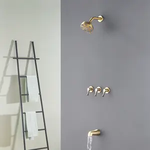 Three-Handle Tub & Shower Trim Kit 5 Inch 6-Spray High Pressure Showerhead Faucet with Brass 3 Valve Diverter Matte Black Brushed Nickel Brushed Gold