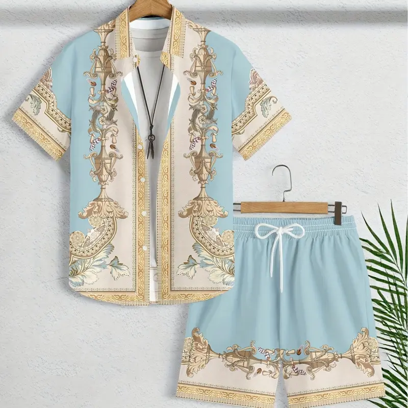 Men's suits, Casual matching sets, casual trend outfits consisting of collared shirts and shorts, 2-piece set, Two piece set, comfortable streetwear, modern trend, suitable for parties, daily wear, large size, machine washable, All Season Set