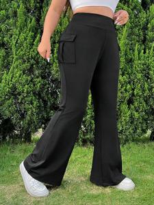 【plus size】 solid pocket straight leg pants, casual comfy smooth trousers for women, women's bottoms for summer, womenswear , everyday