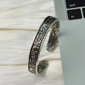 Vintage S925 Sterling Silver Elephant Bracelet  — Retro Floral-Embossed Open Cuff, Ethnic-Style Adjustable Wrist Jewelry, Auspicious Totem Gift