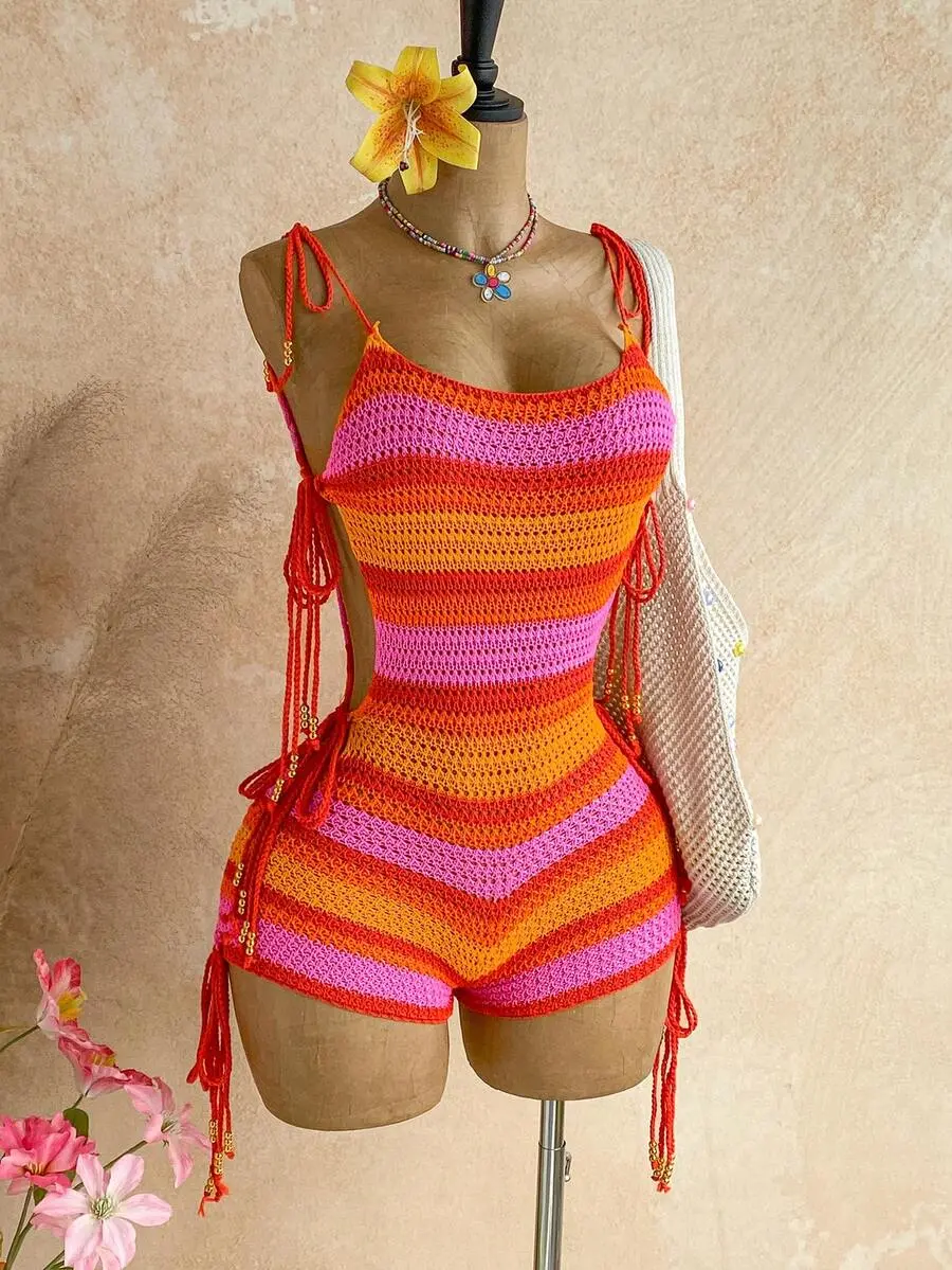 Womens Pearl Embellished Jumpsuit | V Neck Cut Out Backless One Piece | Boho Summer Beach Vacation Outfit