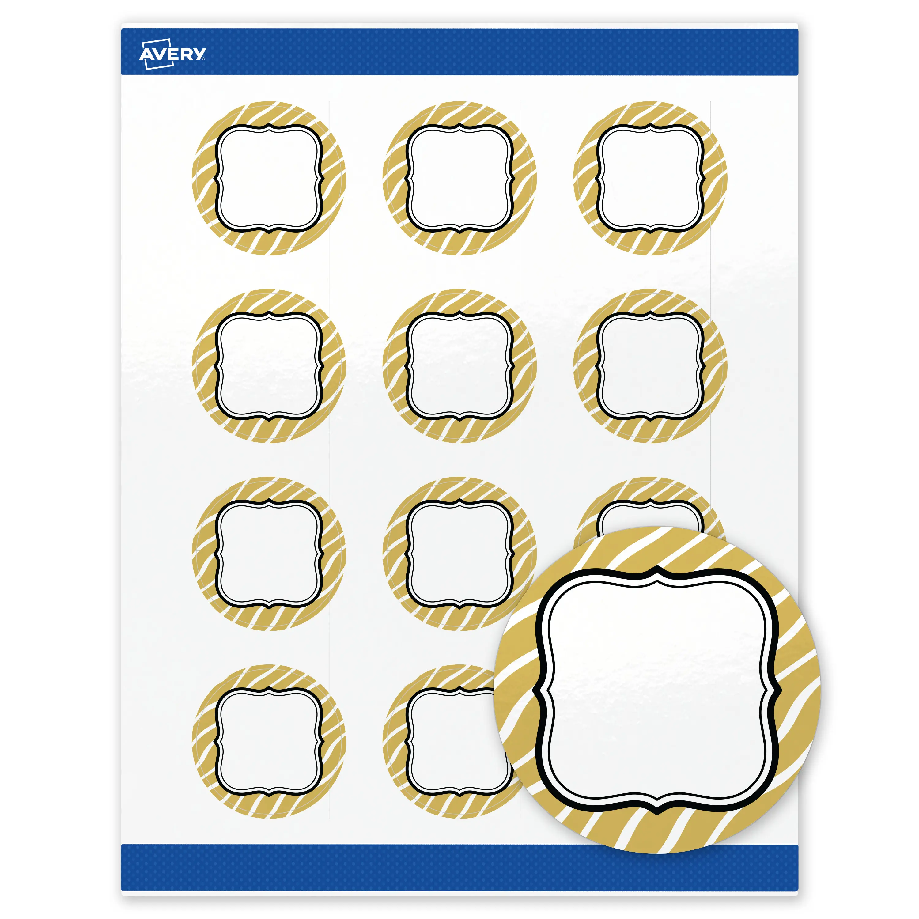 Avery Printable Round Labels, 2" Diameter, Glossy White, Pre-printed Metallic Gold Zebra Pattern Design, Sure Feed Technology, Laser & Inkjet Compatible, 240 Total