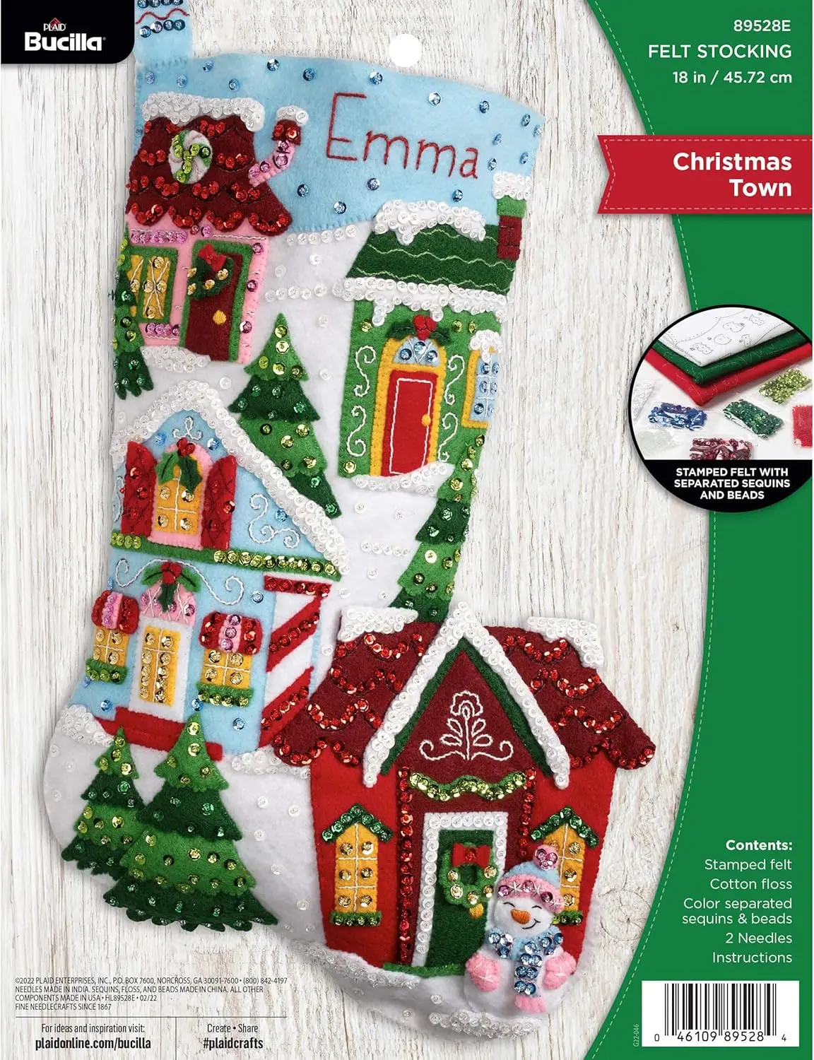 Bucilla 18-in Stamped Hand Cotton Felt Applique Stocking Making Kit-89528E, Handmade Christmastok Craft Supply with Beads, Classic Charm Holiday Home Decor Gift