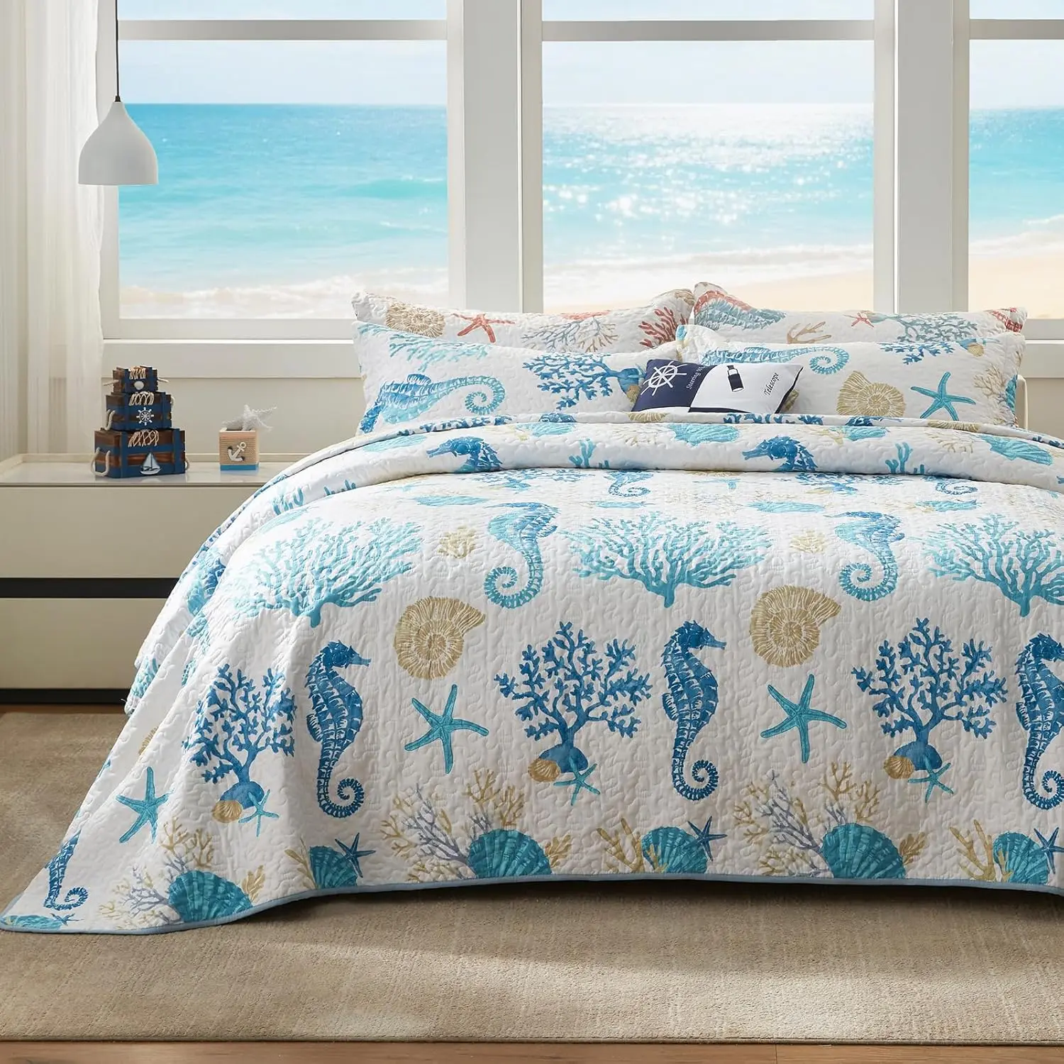 Coastal Quilt Set Full/ Size - Lightweight Microfiber Reversible Bedspread, 90''x98'', Sky Blue, Includes 2 Shams