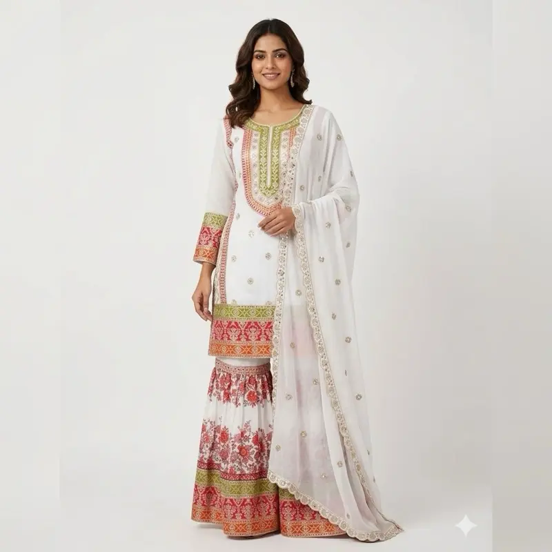Women's Indian Casual Floral Print Dress - White, Intricate Embroidery Details, Women's Clothes