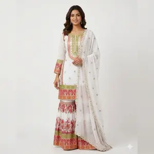 Indian Colorful Dress Womenswear White & Floral Print with Intricate Embroidery Details Original Casual Style