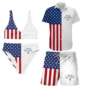 Michelob Ultra Couple Swimwear Set, USA Flag Red White Blue Matching Bikini and Men Board Shorts for Summer Pool Party, Gift for Him and Her