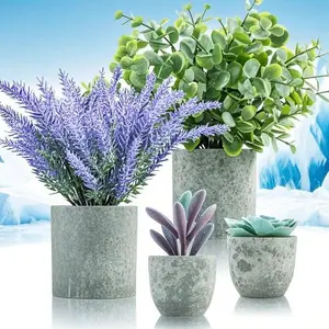 4 Packs Small Artificial Lavender Eucalyptus Succulents for Shelf Decor, Faux Potted Plants for Home Indoor Office, Fake Greenery for Bathroom Living Room, No Maintenance, Reusable, Realistic Look Decorative Fruit