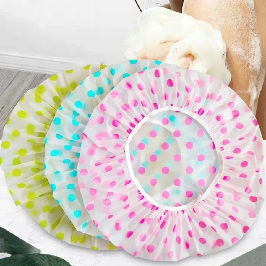 Bathroom Waterproof Plastic Shower Caps, 3pcs Polka Dot Pattern Hair Cover, Portable Bath Hair Cap for Home Dormitory Outdoor Travel, Shower Cap Set, Bathroom Accessory, Shower Essentials