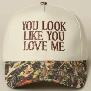 You Look Like You Love Me Beige & Camo SnapBack Hat with Front Embroidered Text for Stylish Wear