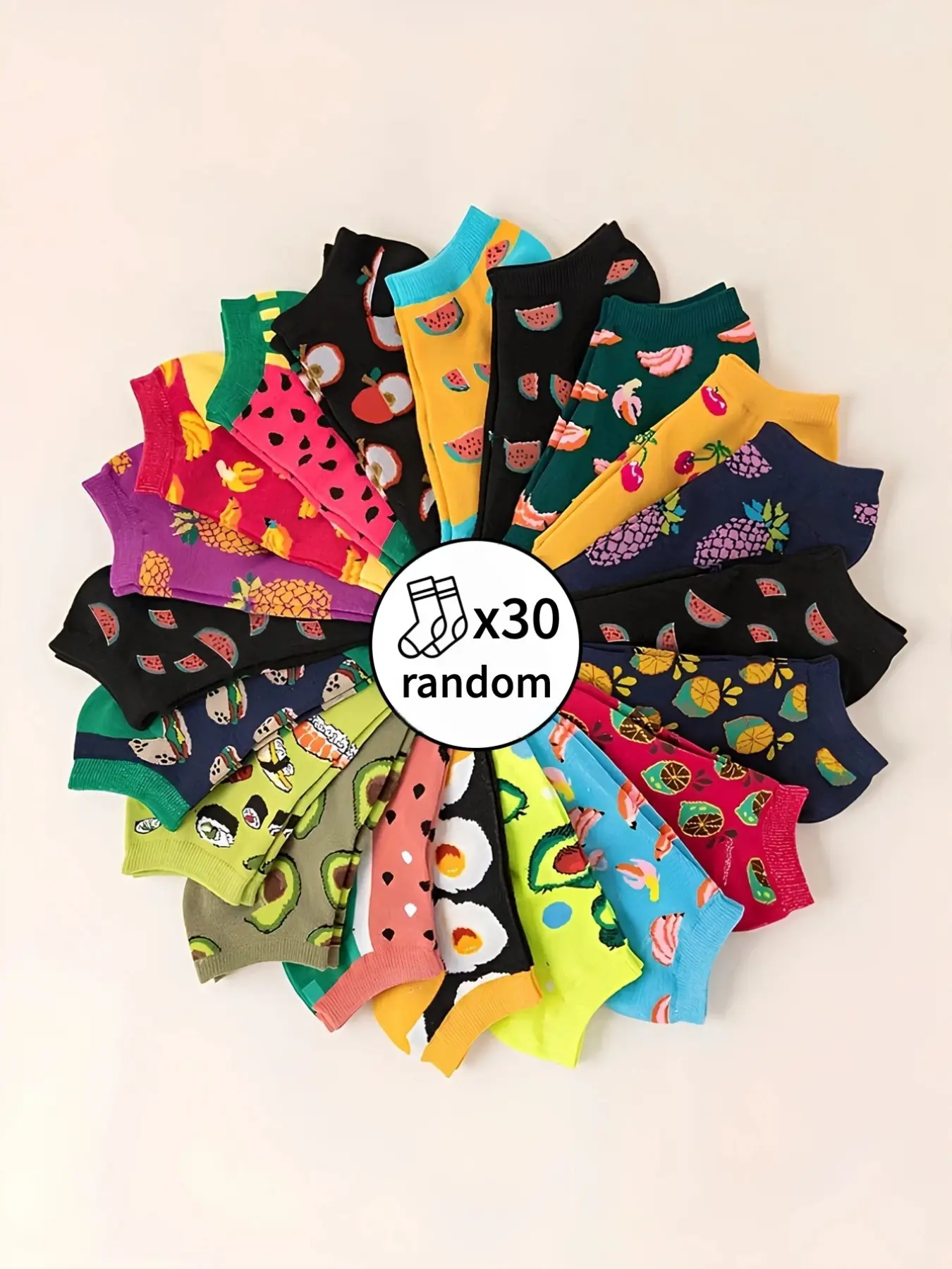 30/15/5 Double Random Fruit and Vegetable Creative All-Purpose Patterned Fun Socks, Multicolored, Avocado, Dragon Fruit, Watermelon, Cherry, Pineapple, Banana, Apple, Sushi, Hamburger, Fried Egg, Perfect for everyday casual wear