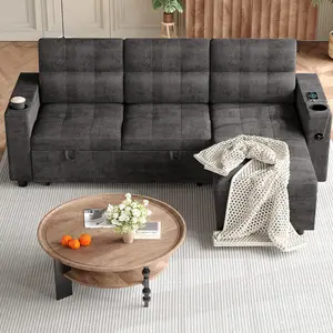 Garvee 84'' L-Shaped Sectional Sleeper Sofa with Pull Out Bed, Reversible Storage Chaises, Hidden Storage Armrests, Cup Holders, and USB Charging Ports for Living Room Comfort