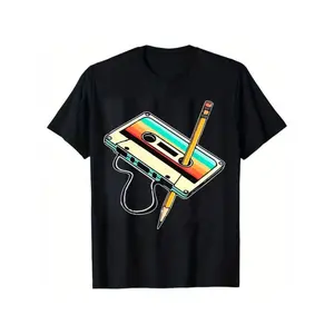 [100% Cotton] Retro 80S Cassette Tape And Pencil Graphic Cotton T-Shirt Black Short Sleeve Crewneck Vintage Inspired Design Golf Gift T-Shirt For Men And Women  Golf Gift T-Shirt For Men and Women