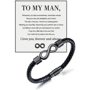 To My Man Bracelet For Men, Infinity Leather Braided Husband Birthday Inspirational Gifts From Wife I Love You Forever And Always Handmade Wristband Christmas Boyfriend