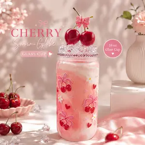 Aesthetic Handmade Reusable Cherry Blossom Glass Snow Globe Cup - Pink Milk Effect 16 oz Tumbler with Cherry Lid, Straw