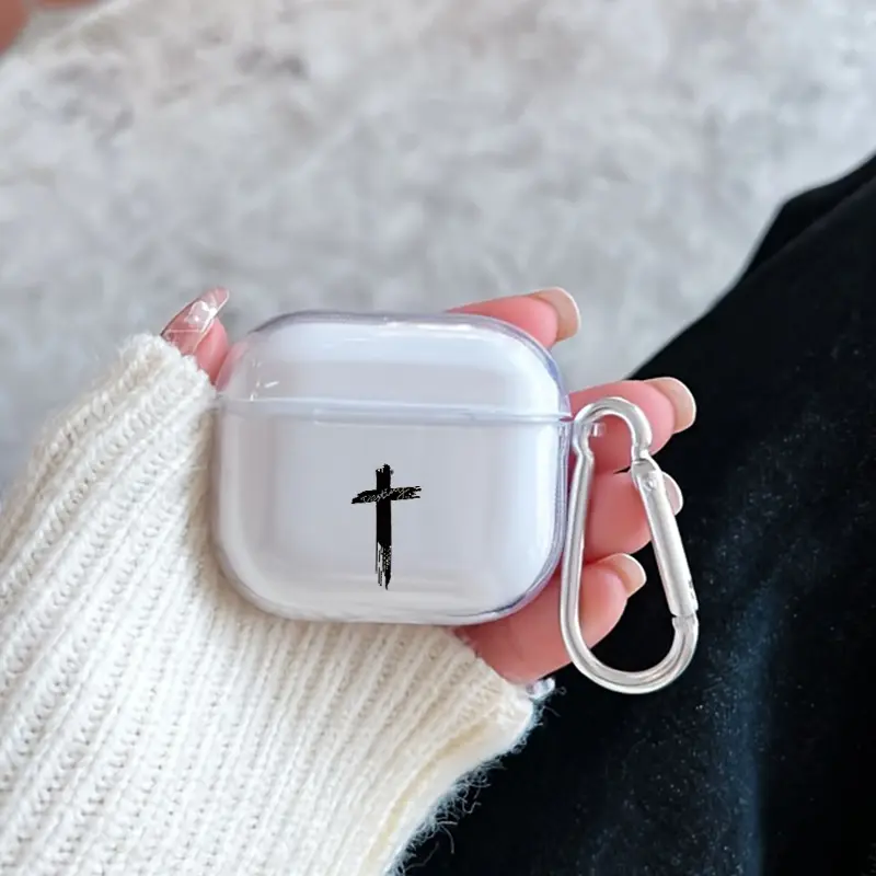 Fashion Cross Pattern TPU Soft Protective Case for Apple AirPods 4/3/2/1/Pro/Pro2 Transparent Earphone Cover with Keychain Attachment