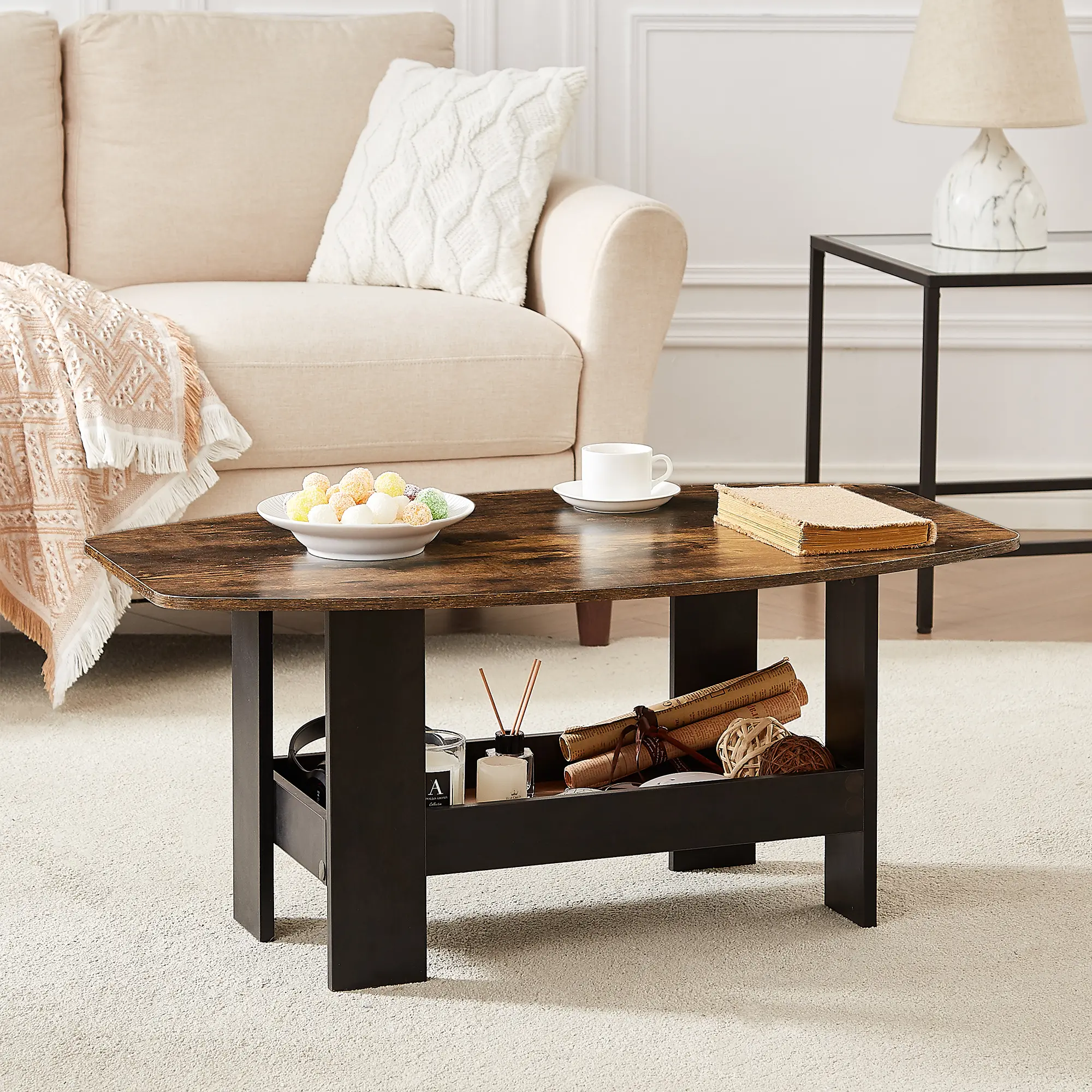 VECELO Coffee Table Small Side End Table Wood Top Storage Open Shelf Morden Tea Table for Living Room Office Bedroom with Storage Compartment Shelf, Rustic Brown