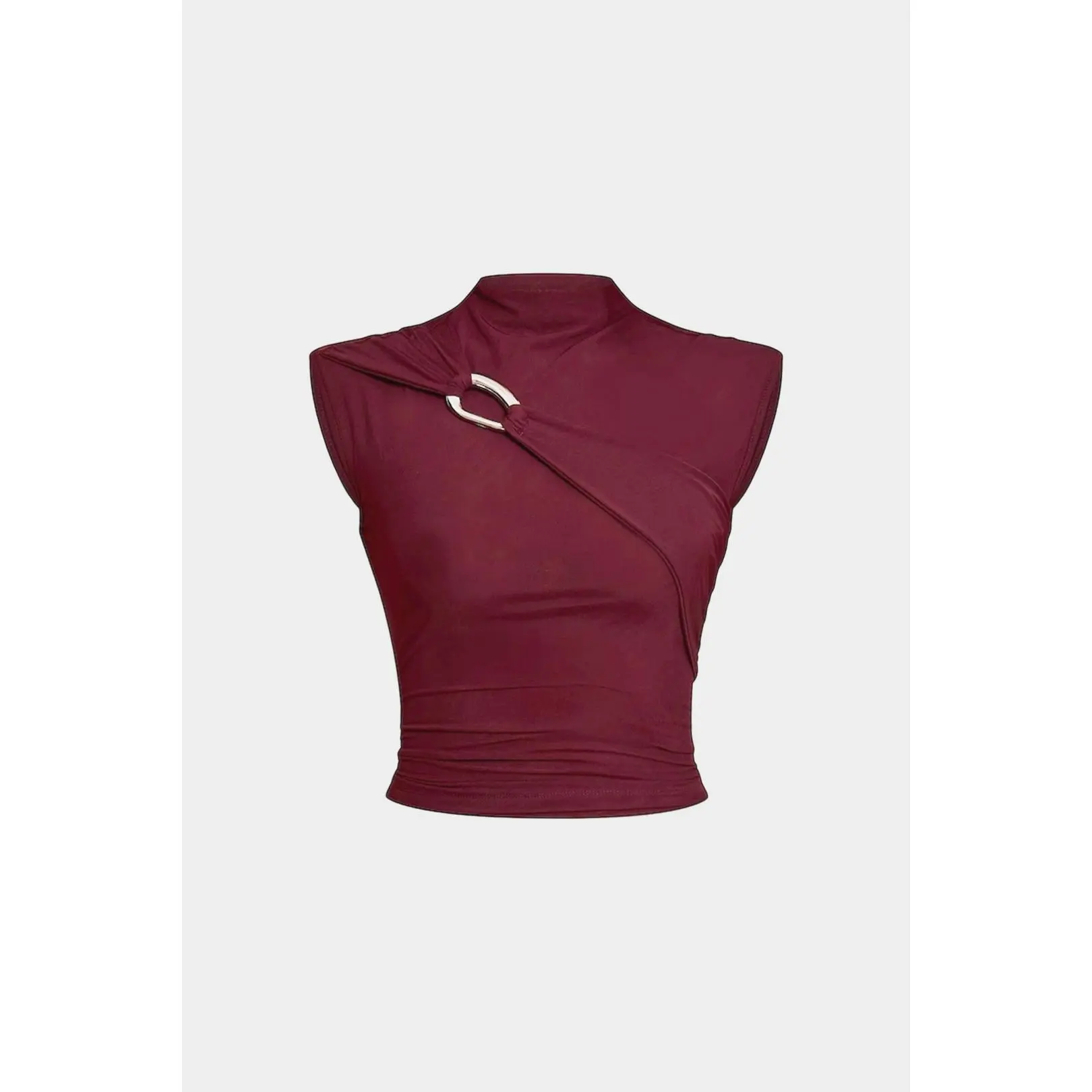 Mock Neck Metallic Decor Asymmetrical Tank Top
