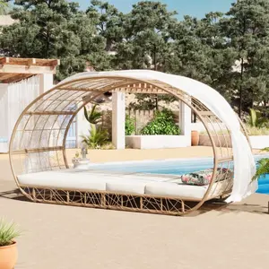 GO 90.55" Outdoor Patio Daybed with Curtain, Sunbed with Cushion and Colorful Pillow, Wicker Lounge Chairs Backrest Adjustable Recliners for Pool Garden Backyard, Beige Cushion, Natural Wicker