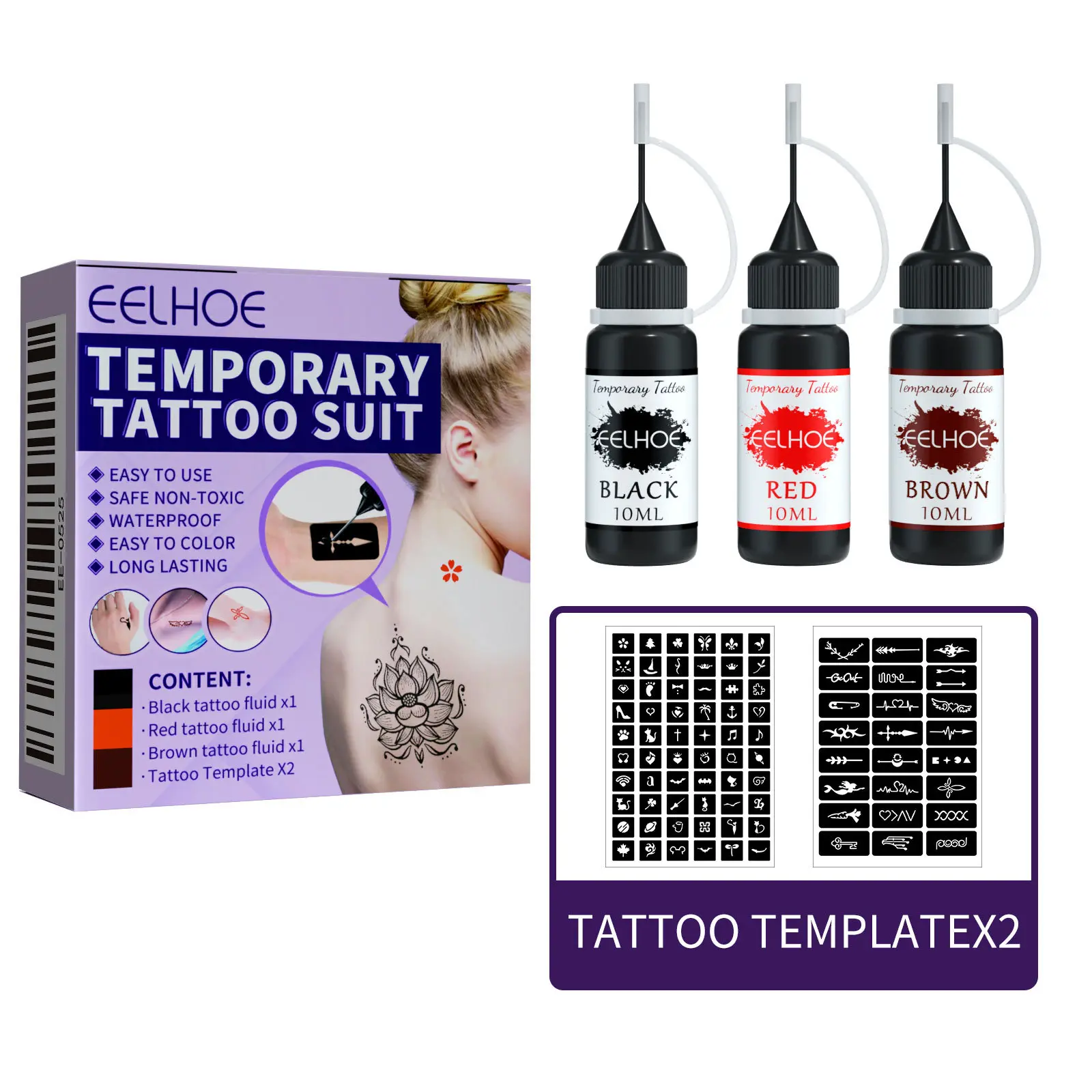 EELHOE fruit juice tattoo kit, mild plant-based tattoo ink with hollow stencils. Waterproof temporary tattoo, safe and easy to create various trendy patterns for daily and party stylish looks. Tattoo Lovers Kit Temporary Tattoo Kits