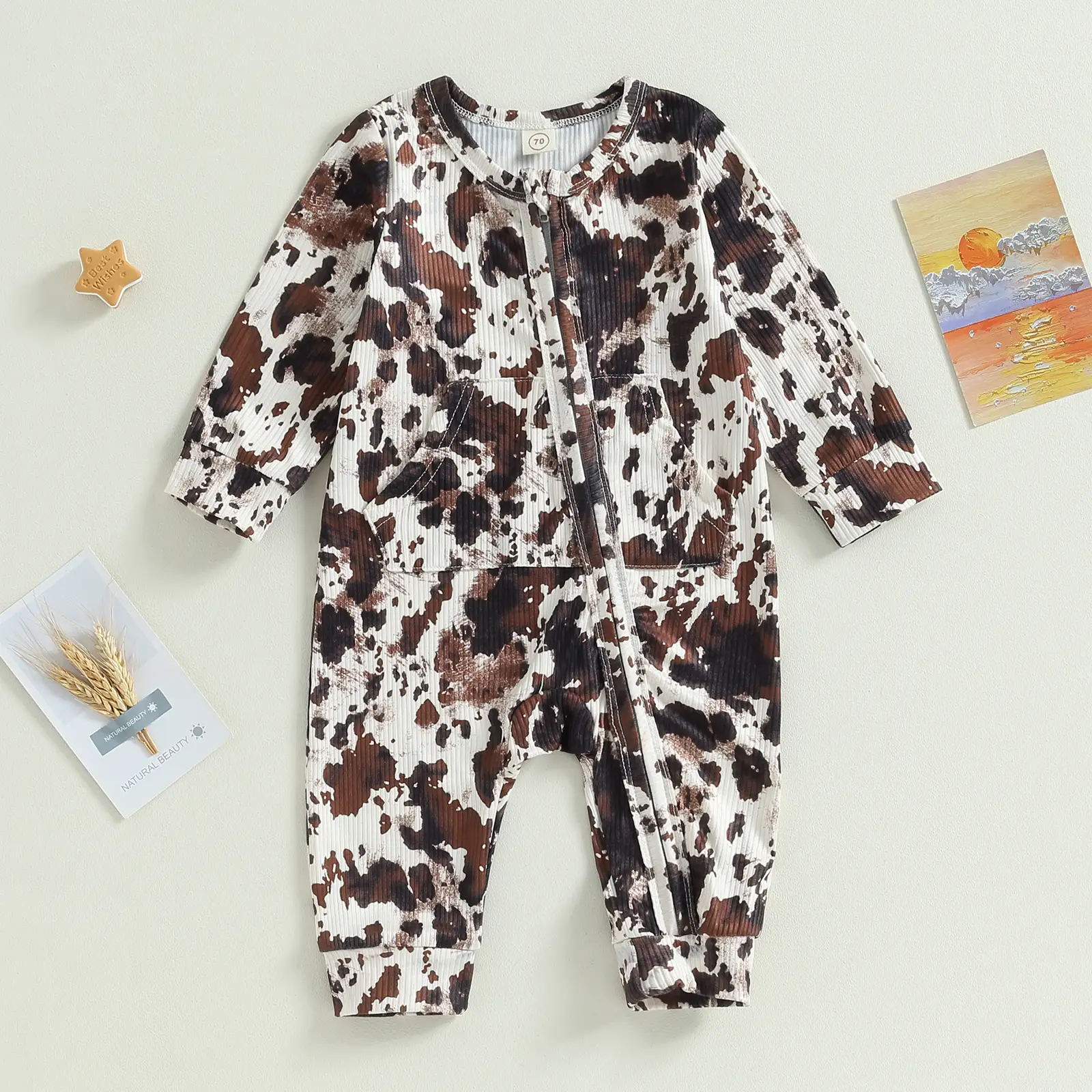 Western Baby Cowboy Clothes Zipped Fall Romper Outfit for Boy Girl Infant Cow Print Jumpsuit