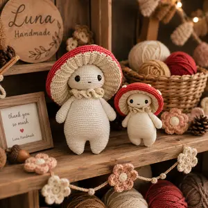 (12cm) Handmade Crochet Mushroom Plush Doll Set, Cute Red Cap Amigurumi Forest Toy, Cottagecore Room Decor, Kawaii Soft Gift for Girls & Collectors