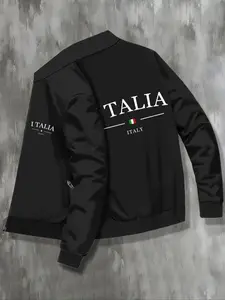 Men's Italian Theme Pilot Jacket with Italia Print and Flag Badge, Lightweight College Style Coat, Full Zipper Closure, Casual Outerwear