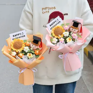 Graduation gift: Crochet flower bouquet. Handmade sunflower and rose bear birthday graduation bouquet. Teacher's Day gift, Christmas gift. Graduation gift for classmates, children and friends, Artificial Sunflower Gifts.