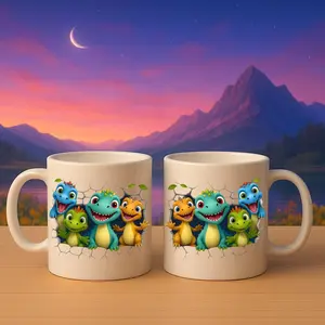 Cute Dinosaur Mug with Cartoon Dino Family Design, Colorful Smiling Baby Dinosaurs Illustration Coffee Cup, Fun Ceramic Mug for Kids and Dino Lovers | Gifts for Kids | Home Decor | Hot Chocolate | Drinks | Novelty Gifts | Office Mugs |